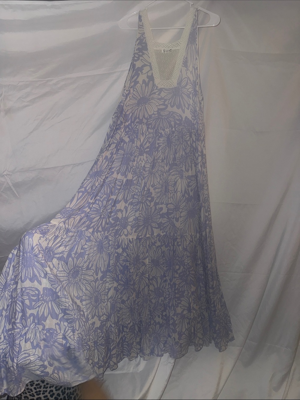 Lavender Daisy Print Maxi Dress with Crochet Yoke